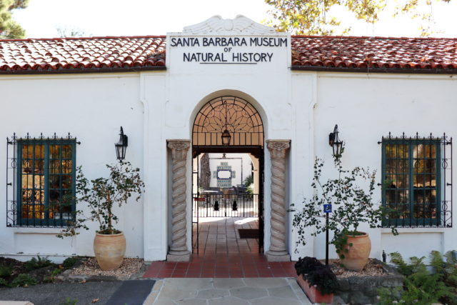 Santa Barbara Museum of Natural History, a white building with pillars on either side of the entrance and decorative wire covers over the windows. 