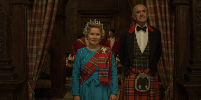 Imelda Staunton as Queen Elizabeth II standing beside Jonathan Pryce as Prince Philip from "The Crown"