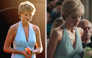 Princess Diana in a blue dress and Elizabeth Debicki as Princess Diana from "The Crown."