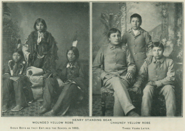 Before and after: Native American boys in traditional and settler clothing