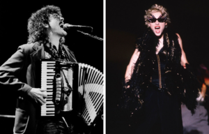 Side by side images of Weird Al playing the accordion and singing into a microphone, beside Madonna in all black and black sunglasses singing.