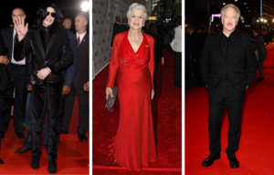 Michael Jackson in a black suit, Angela Lansbury in a long red dress, and Alan Rickman in a black suit all walk on the red carpet.