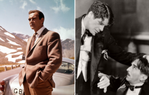 Sean Connery as James Bond standing in front of his car, and Paul Muni as Scarface in a black suit holding the hair of Osgood Perkins.