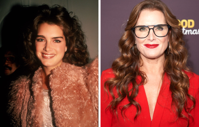 Young Brooke Shields in a pink fur coat, and Brooke Shields now in a red jacket with black glasses.