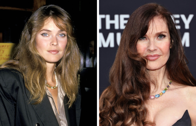Young Carol Alt in a black jacket, and Carol Alt now in a black dress with voluminous curled hair. 
