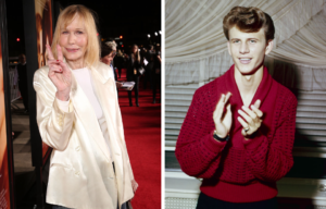 Sally Kellerman in a white jacket throwing up the peace sign, and Bobby Rydell clapping his hands while wearing a red cardigan.