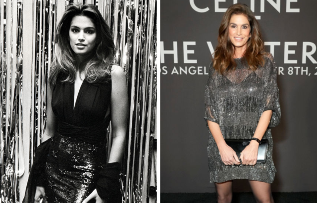 Side by side photos of young Cindy Crawford in a v-neck dress and Cindy Crawford now in a sparkling grey dress.