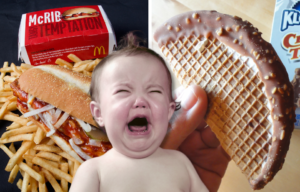 McDonald's McRib meal + Hand holding a Klondike Choco Taco + Baby crying