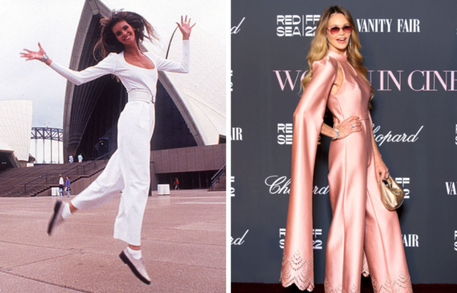 Young Elle Macpherson in all white poses outside the Sydney Opera House, and Elle Macpherson now in an all pink romper with her hand on her hip.