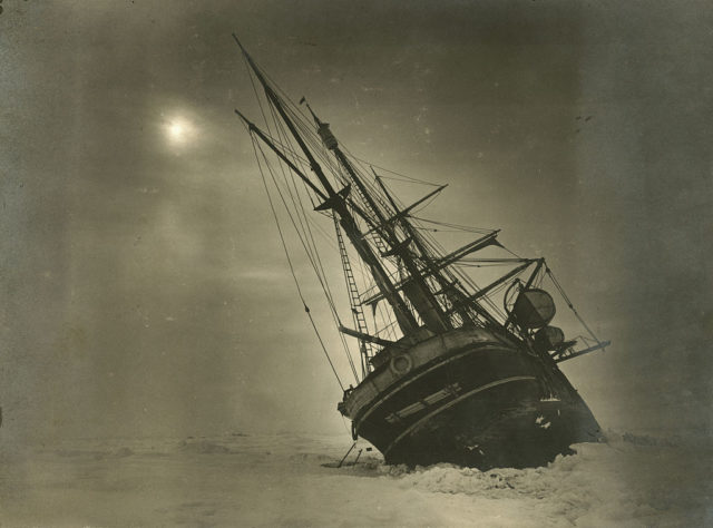 Endurance leaning to one side while trapped in the Antarctic ice