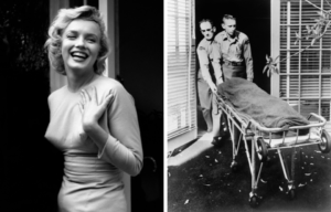 Side by side images of Marilyn Monroe and her body following her death