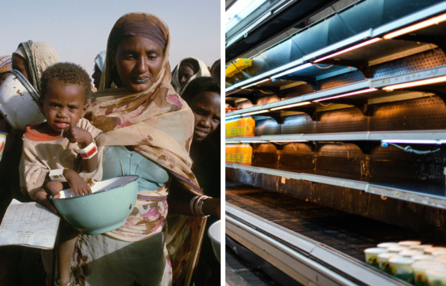 Side by side images of refugees during a famine and empty grocery store shelves