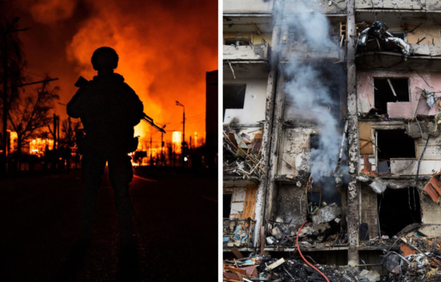 Side by side images of a soldier looking at a firey landscape and a building in ruins