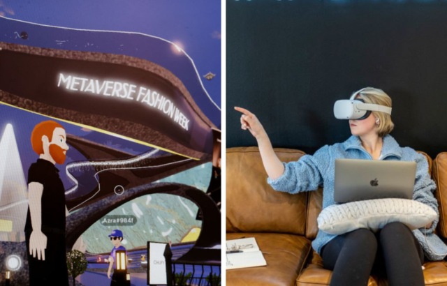 Side by side images of a Metaverse event and someone using a virtual reality headset