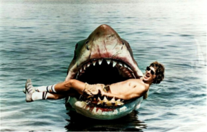 Steven Spielberg in the mouth of a prop shark while filming Jaws