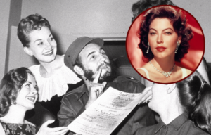 Fidel Castro sitting with women surrounding him, a portrait of Ava Gardner laid on top
