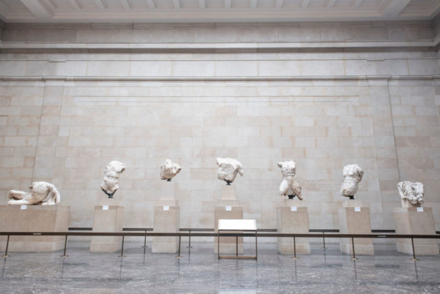 View of the Elgin Marbles, fragments of statues, on podiums in the British Museum.