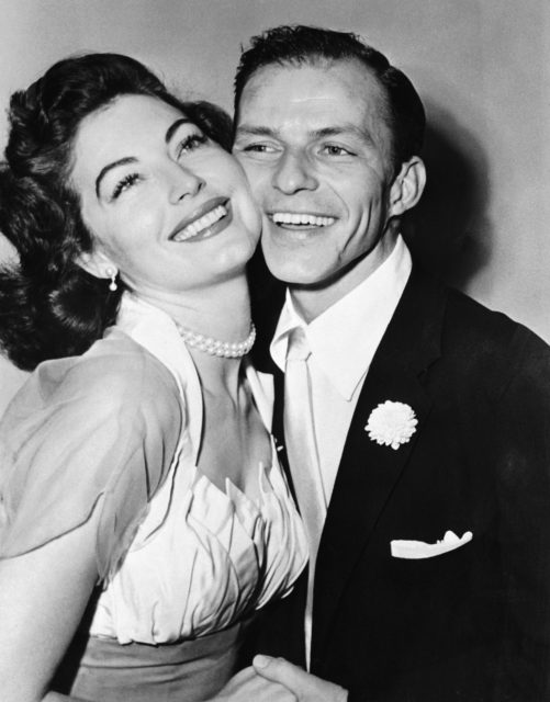 Headshot of Ava Gardner hugging Frank Sinatra