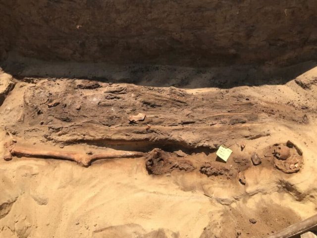Mummy half-buried in sand