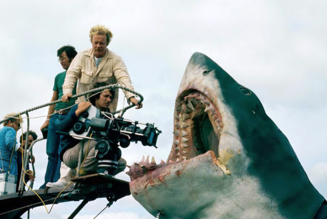 Behind the scenes filming Jaws with a prop shark