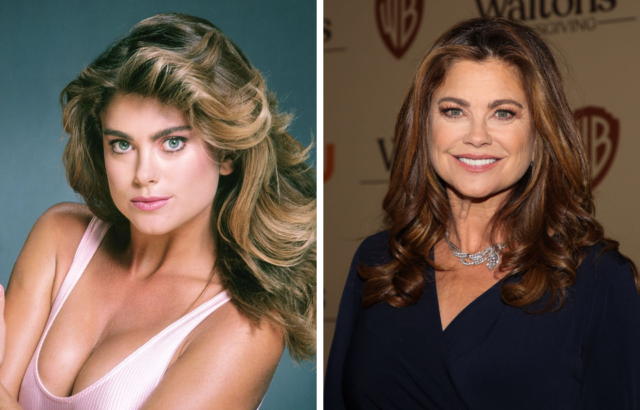 Young Kathy Ireland in a pink tank top, and Kathy Ireland now in a dark blue, long sleeved dress.