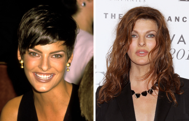 Young Linda Evangelista with short dark hair smiling widely, and Linda Evangelista now in a black jacket with black necklace.