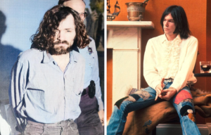 Side by side images of Charles Manson with his hands behind his back in a blue shirt, and Neil Young in jeans covered in patches and a white frilly shirt.