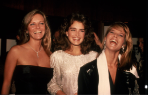 Cheryl Tiegs, Brooke Shields and Christie Brinkley smile for the camera in fancy dresses.