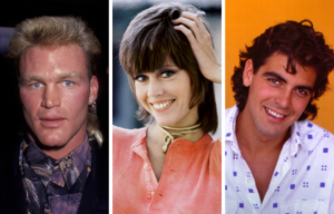Headshots of Brian Bosworth, Jane Fonda, and George Clooney