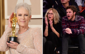 Jamie Lee Curtis holding up her Academy Award + Meg Ryan and Jack Quaid sitting together on the side of a court
