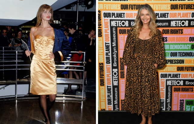 Young Paulina Porizkova in a yellow silk dress, and Paulina Porizkova now in a long cheetah print dress.
