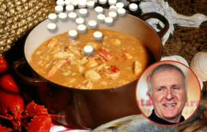 A pot of chowder with pills being dropped in it, a headshot of James Cameron on top