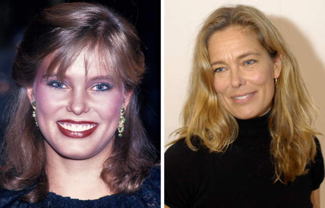 Young Renée Simonsen with a heavy face of makeup smiles at the camera, and Renée Simonsen now smiles slightly in a black turtleneck.