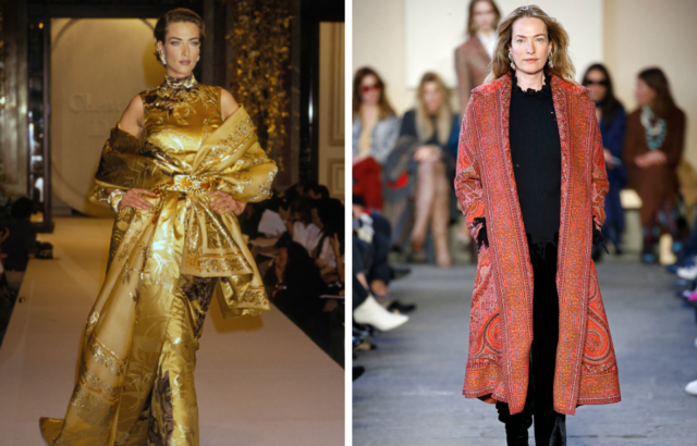 Young Tatjana Patitz walking the runway in an all gold outfit, and Tatjana Patitz now in a long pink coat on the runway.