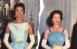 Headshot of Jackie Kennedy and Queen Elizabeth with a rip through it