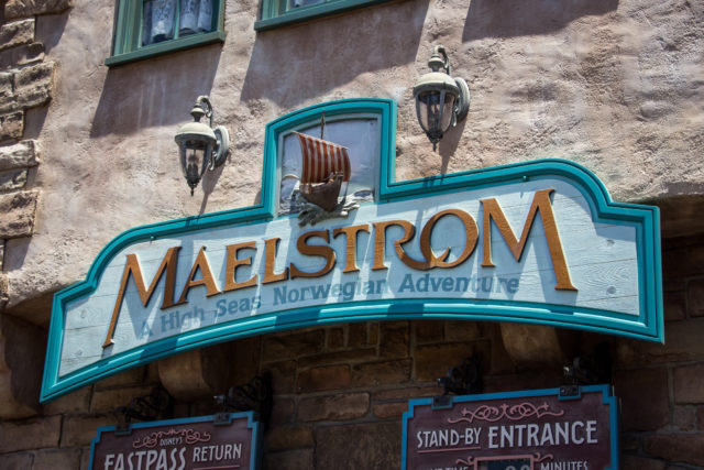 Disney attraction sign that reads "Maelstrom"