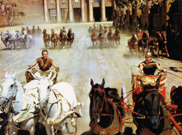 A still from the chariot race scene in Ben-Hur