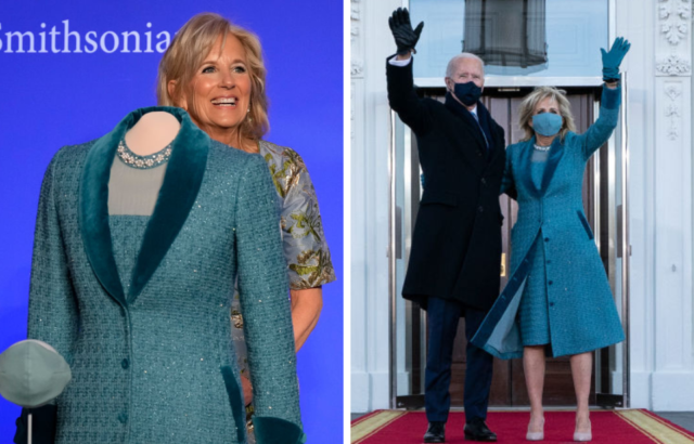 Jill Biden donating her dress, left, and on Inauguration Day, right
