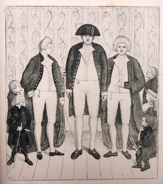 Drawing of Charles Byrne alongside two other "giants" with smaller men on the outside.