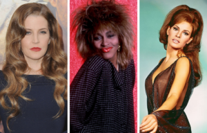 Lisa Marie Presley posing on a red carpet + Portrait of Tina Turner + Portrait of Raquel Welch