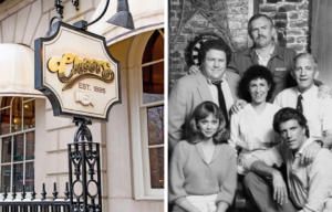 The Cheers sign, left, and cast photo from Season 1