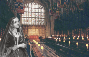 Image of Elizabeth Woodville overlaid on an image of the inside of St. George's Chapel.