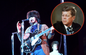 David Crosby wearing a fur hat, holding a guitar, and speaking into a microphone, and a headshot of John F. Kennedy.
