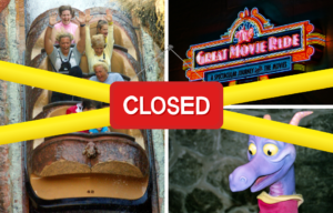 A log flume ride with passengers, a sign that reads "Great Movie Ride" and a purple dragon. The images are overlapped with crossed yellow tape and a red closed sign.