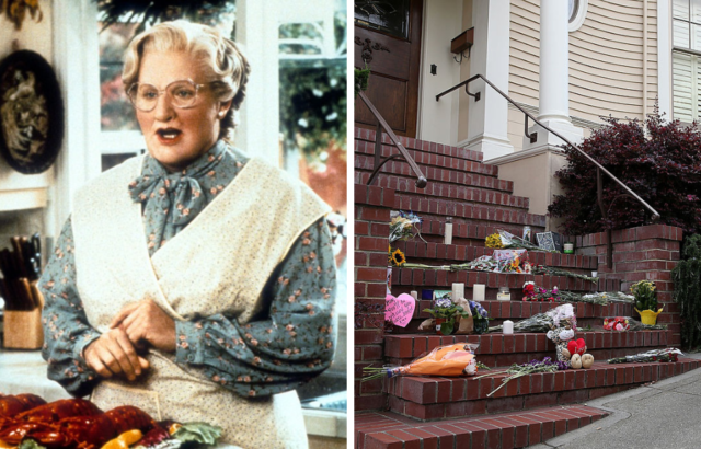 Robin Williams as Mrs. Doubtfire and the front steps of the home