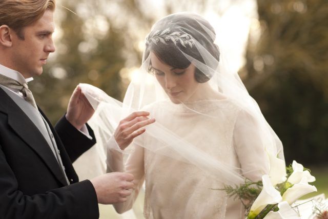 A scene from the wedding of Downton Abbey characters Matthew and Mary Crawley. 
