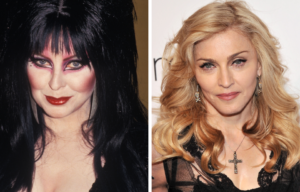 Elvira posing on a read carpet + Madonna posing on a red carpet