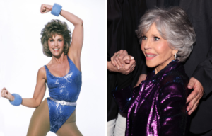 Side by side images of Jane Fonda in the 80s and in 2022.