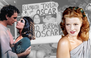 Images of Richard Burton, Elizabeth Taylor, and Rita Hayworth and fans holding signs during the Oscars