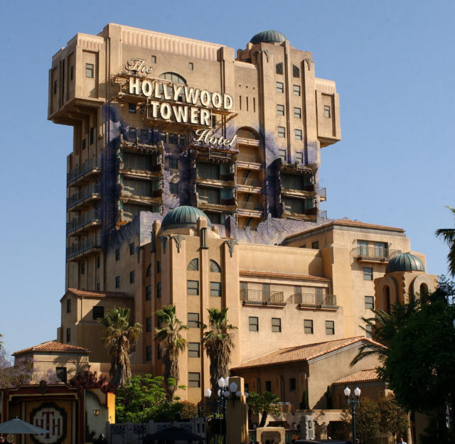 The Tower of Terror Disney ride that has the sign "Hollywood Tower Hotel" on the outside of the building